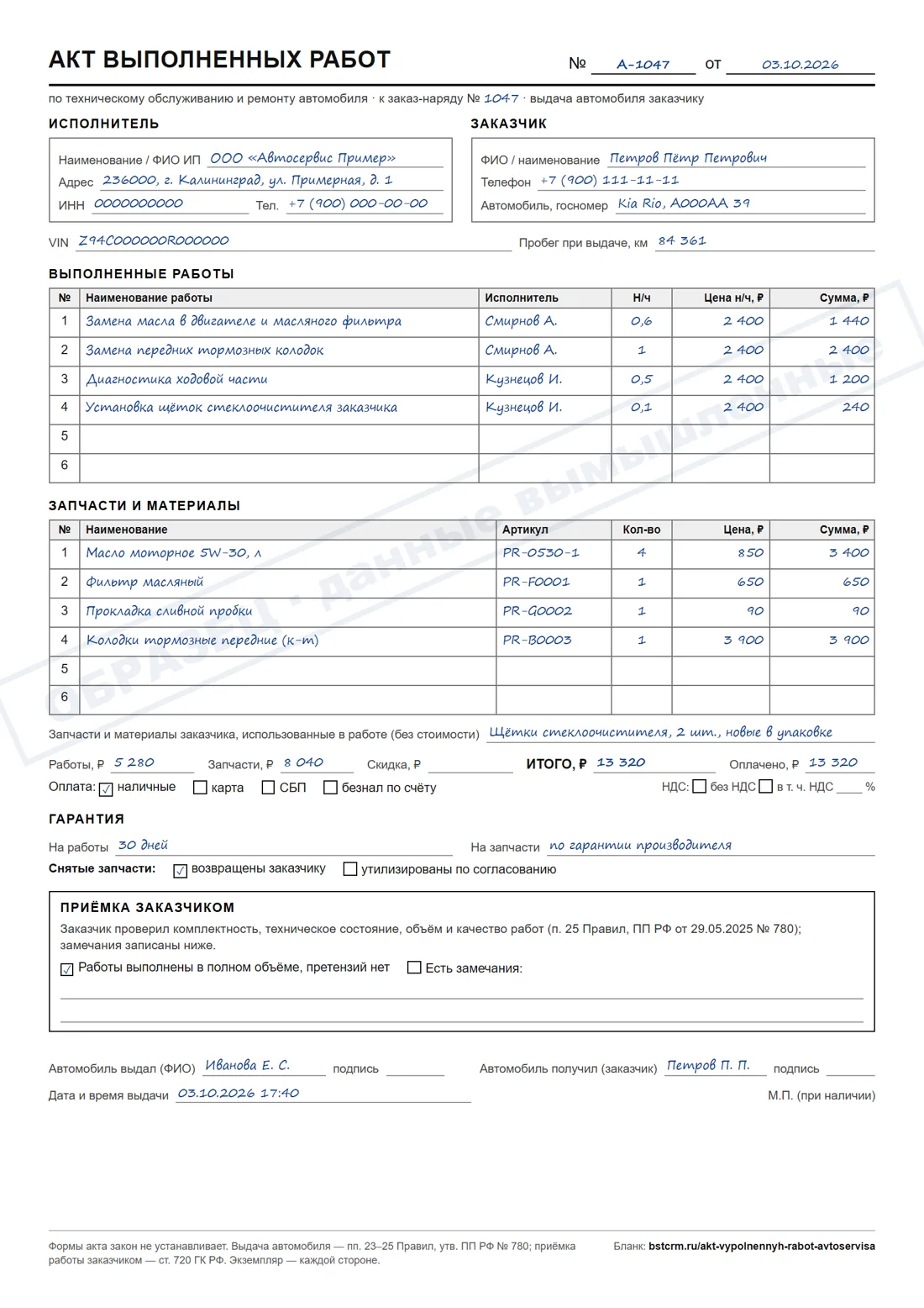 Образец заполненного акта выполненных работ автосервиса: работы, запчасти, итог, гарантия и подписи при выдаче (данные вымышленные)