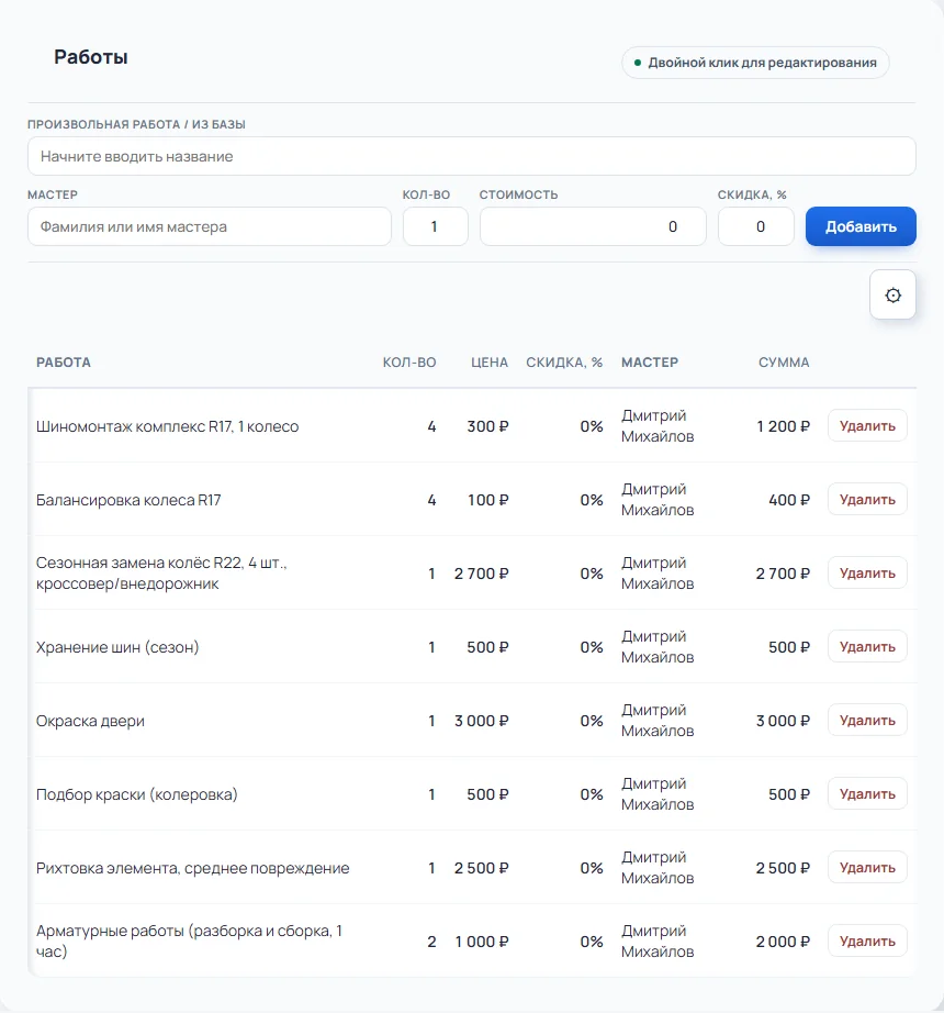 Работы в сделке BSTCRM: окраска, колеровка, рихтовка (данные вымышленные)