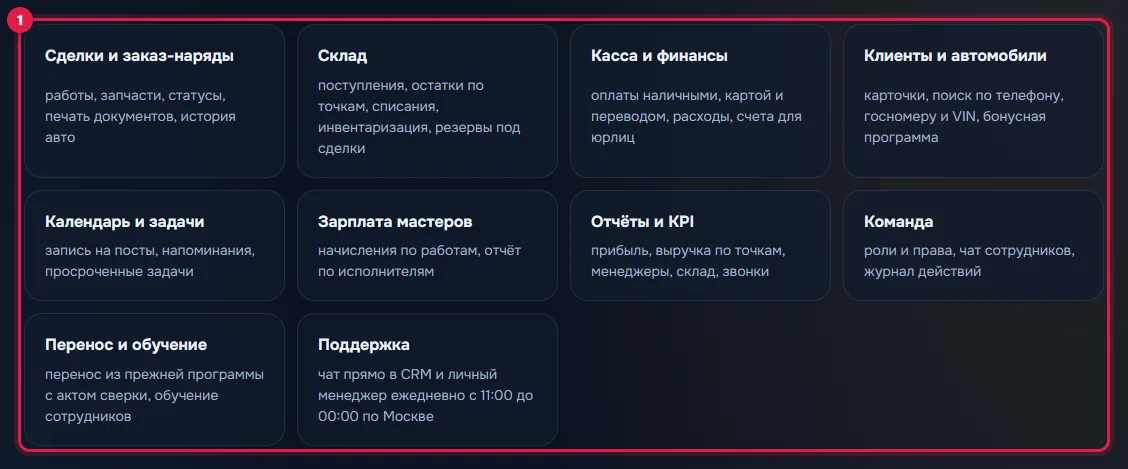 Что входит в цену BSTCRM (скриншот страницы тарифа)