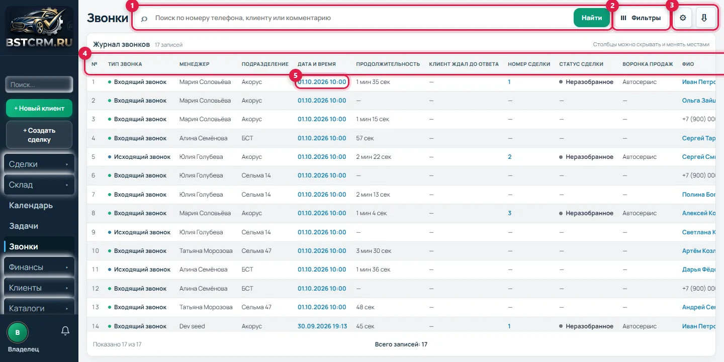 Раздел «Звонки» BSTCRM: журнал, напоминания и качество разговоров (данные вымышленные)