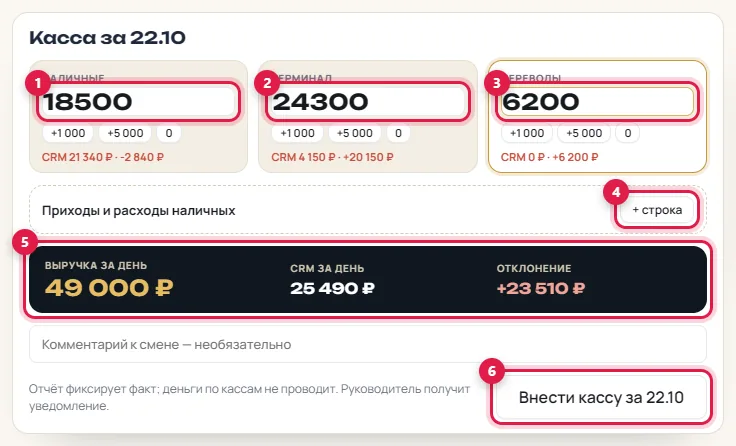 Форма «Касса за день» с тремя суммами